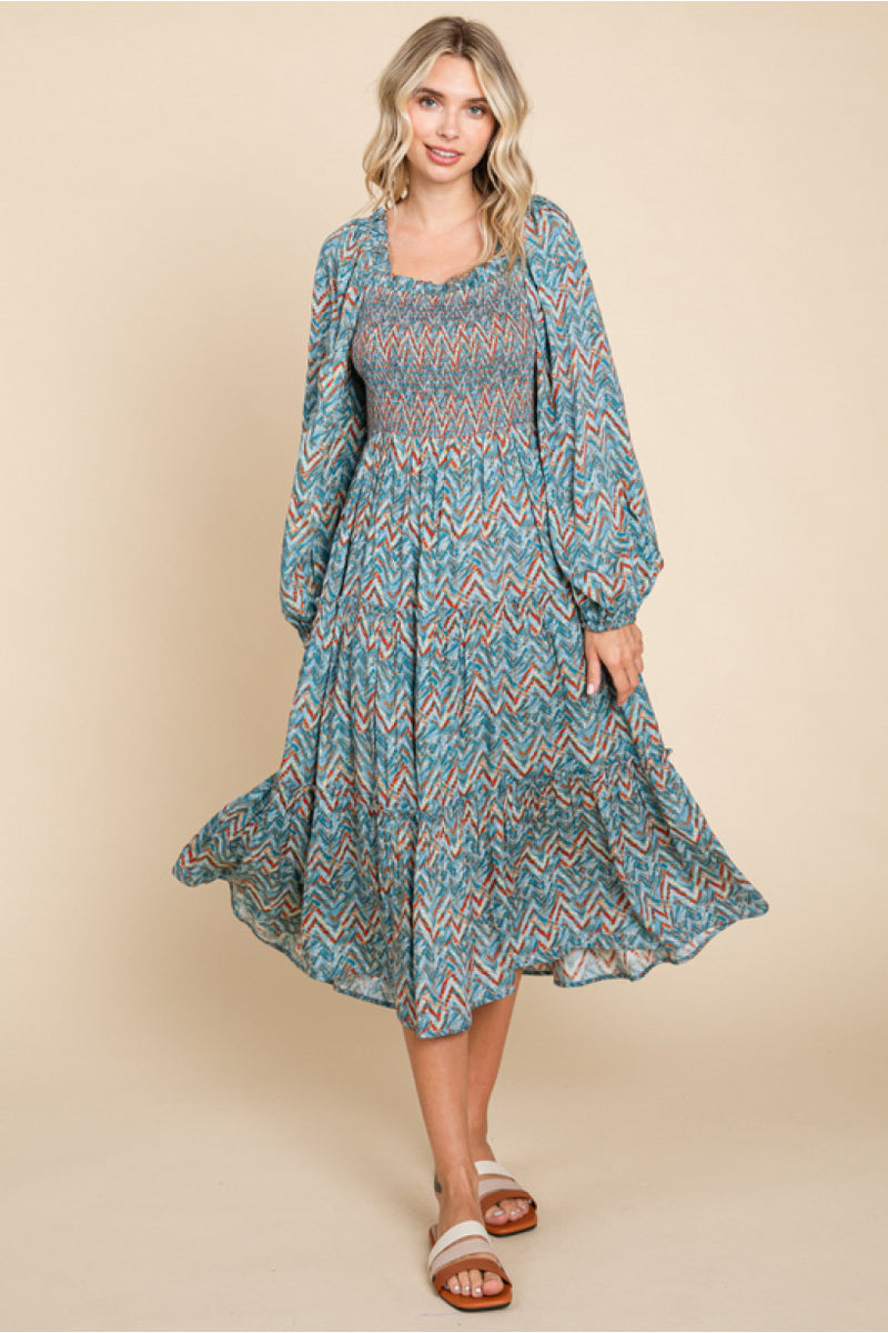 jodifl dress Jodifl Geometric Print Midi Dress | Smocked Bodice