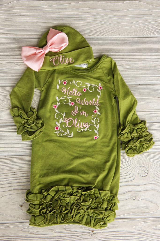 Hello World I'm Olive Newborn Gown Darling Custom Designs