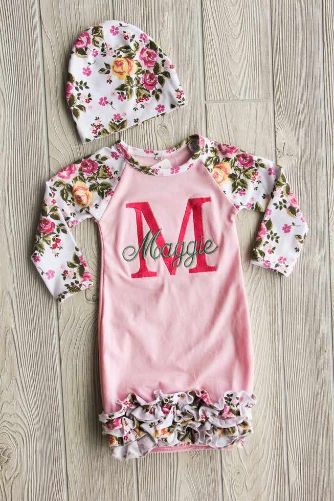Floral Newborn Gown w/ Name & Initial Darling Custom Designs