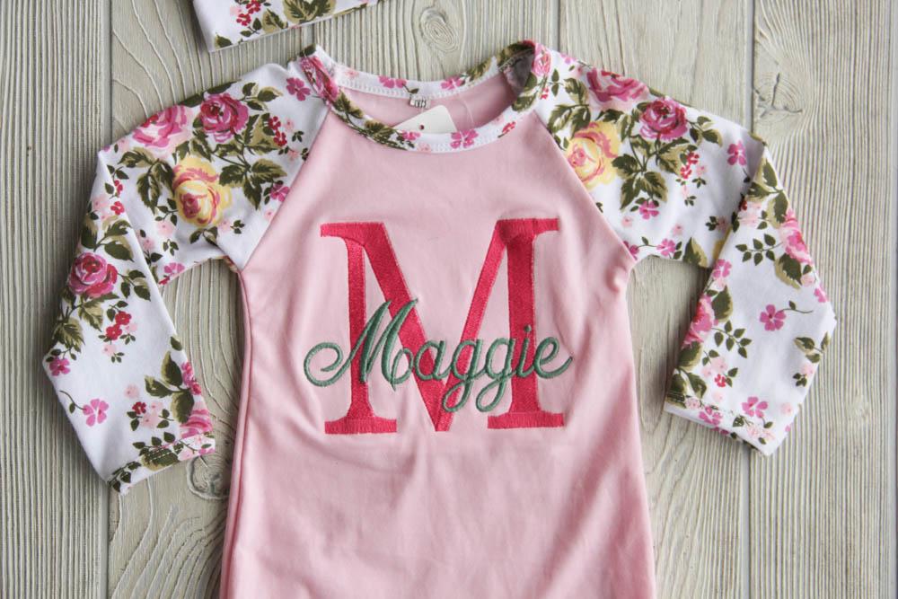 Floral Newborn Gown w/ Name & Initial