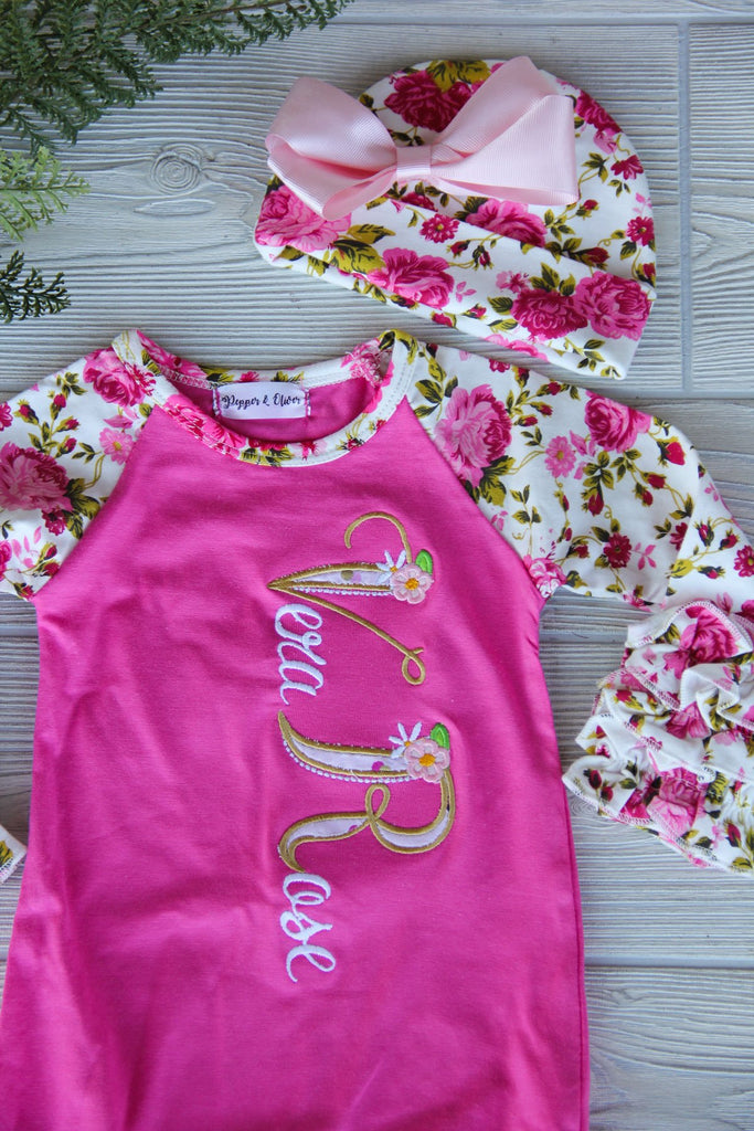 Floral Newborn Gown with Name