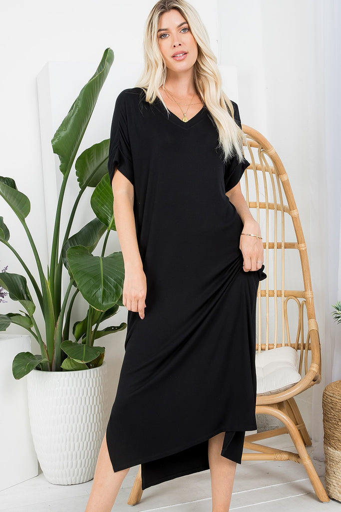 Sweet and Lovely V-Neck Ribbed Jersey Knit Dress | Black Small / Black Sweet and Lovely V-Neck Ribbed Jersey Knit Dress | Black Small / Black