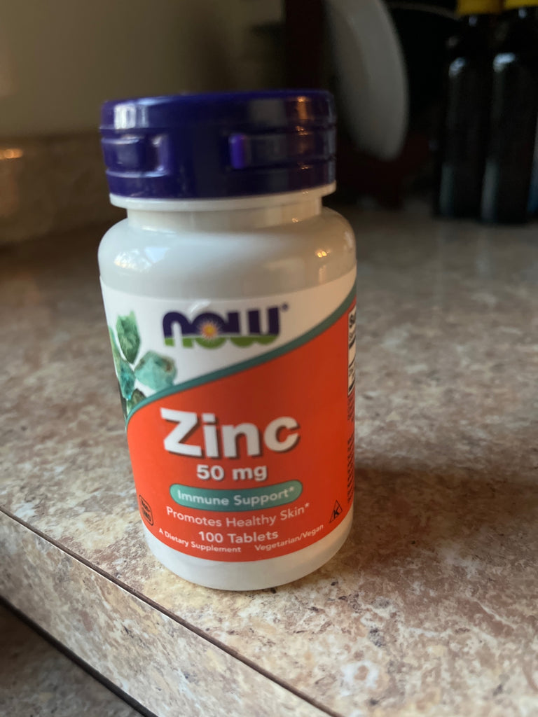 ZINC, NOW Herbal supplement 100 tablets, 50 mg White and orange with green accents