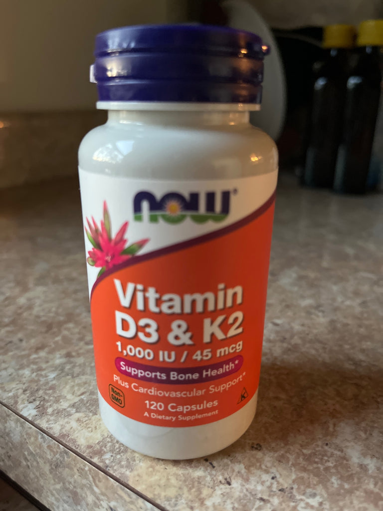 VITAMIN D3 & K2, NOW Herbal supplement 120 capsules White with orange label and purple cap