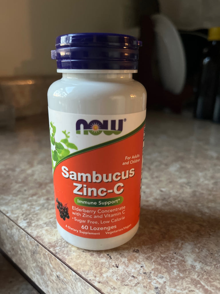 SAMBUCUS ZINC-C, NOW Dietary Supplement 60 lozenges Red and white