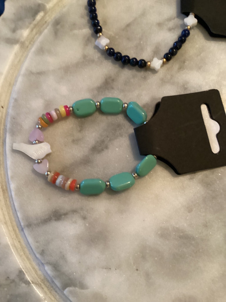 Grateful Soul Jewelry Kids Bird bracelet with blue and rainbow heishi