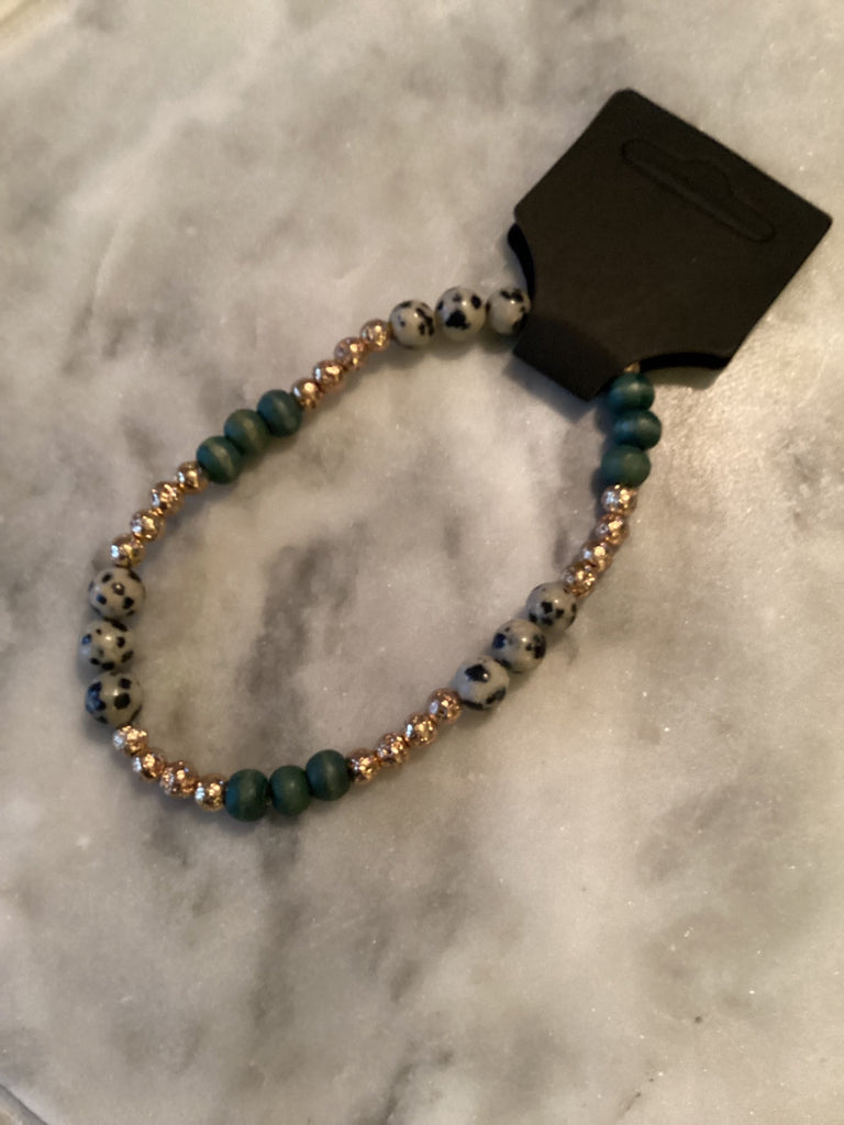 Grateful Soul bracelet Green wood, Dalmatian jasper, Gold lava