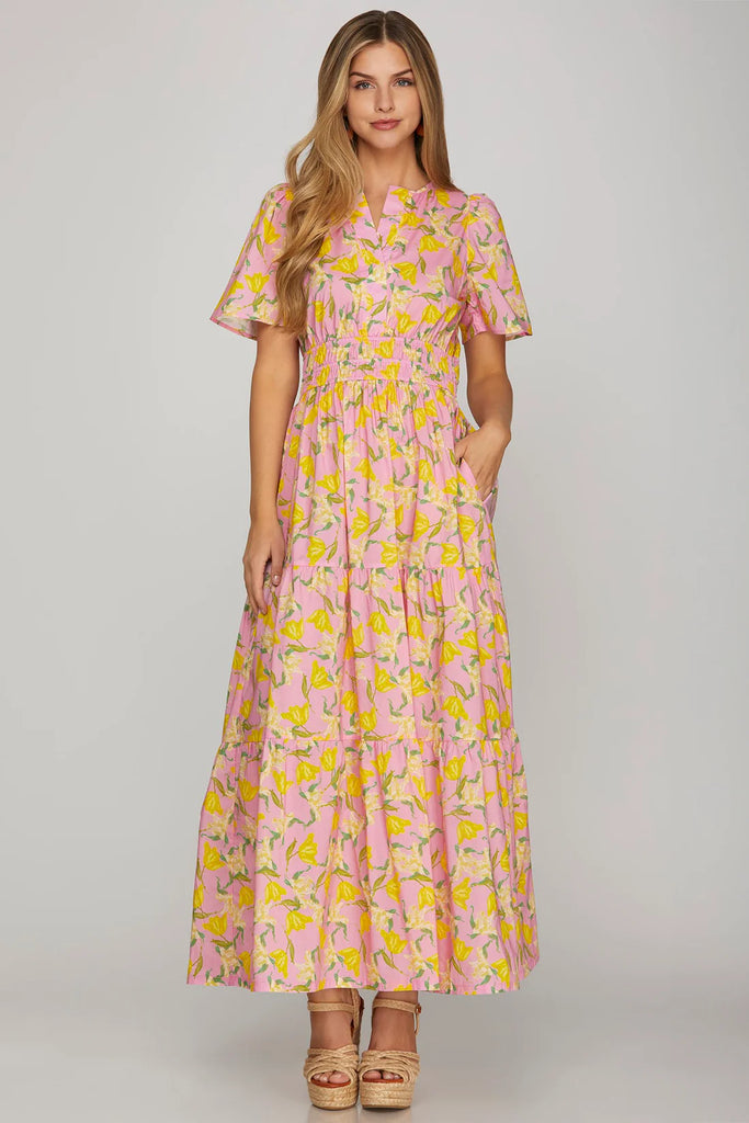 She + Sky Floral Tiered Maxi Dress – Pink/Yellow
