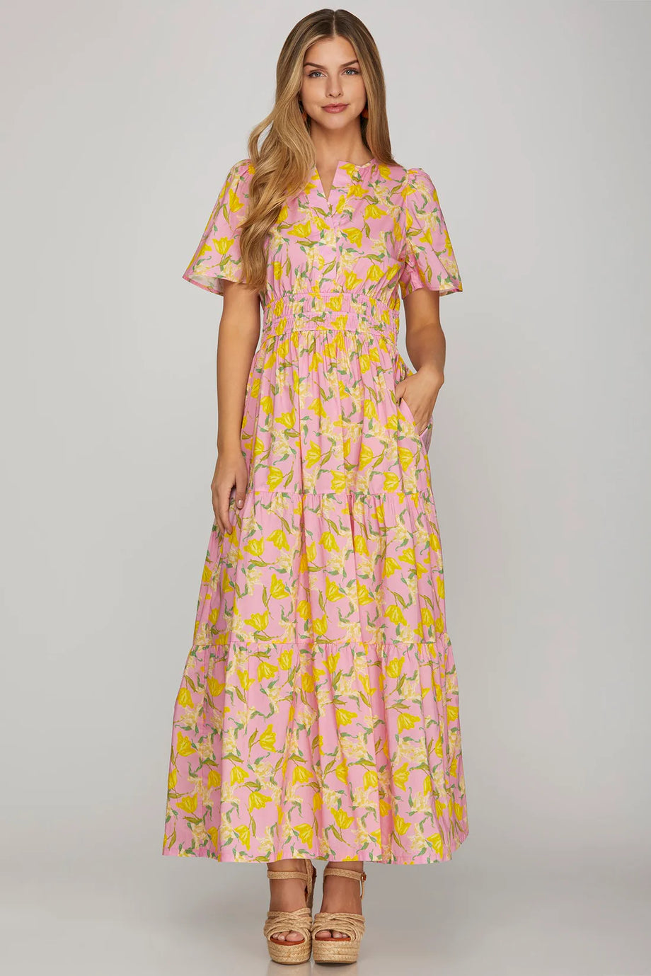 she sky maxi dress + Floral Tiered – Pink/Yellow Color:Clay Multi Machine wash cold dissh Orange Tiered Maxi Gifting_C