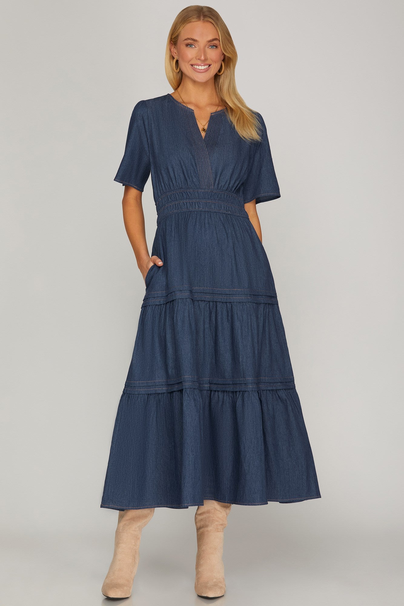 She + Sky Short Sleeve Tiered Midi Dress – Denim Blue
