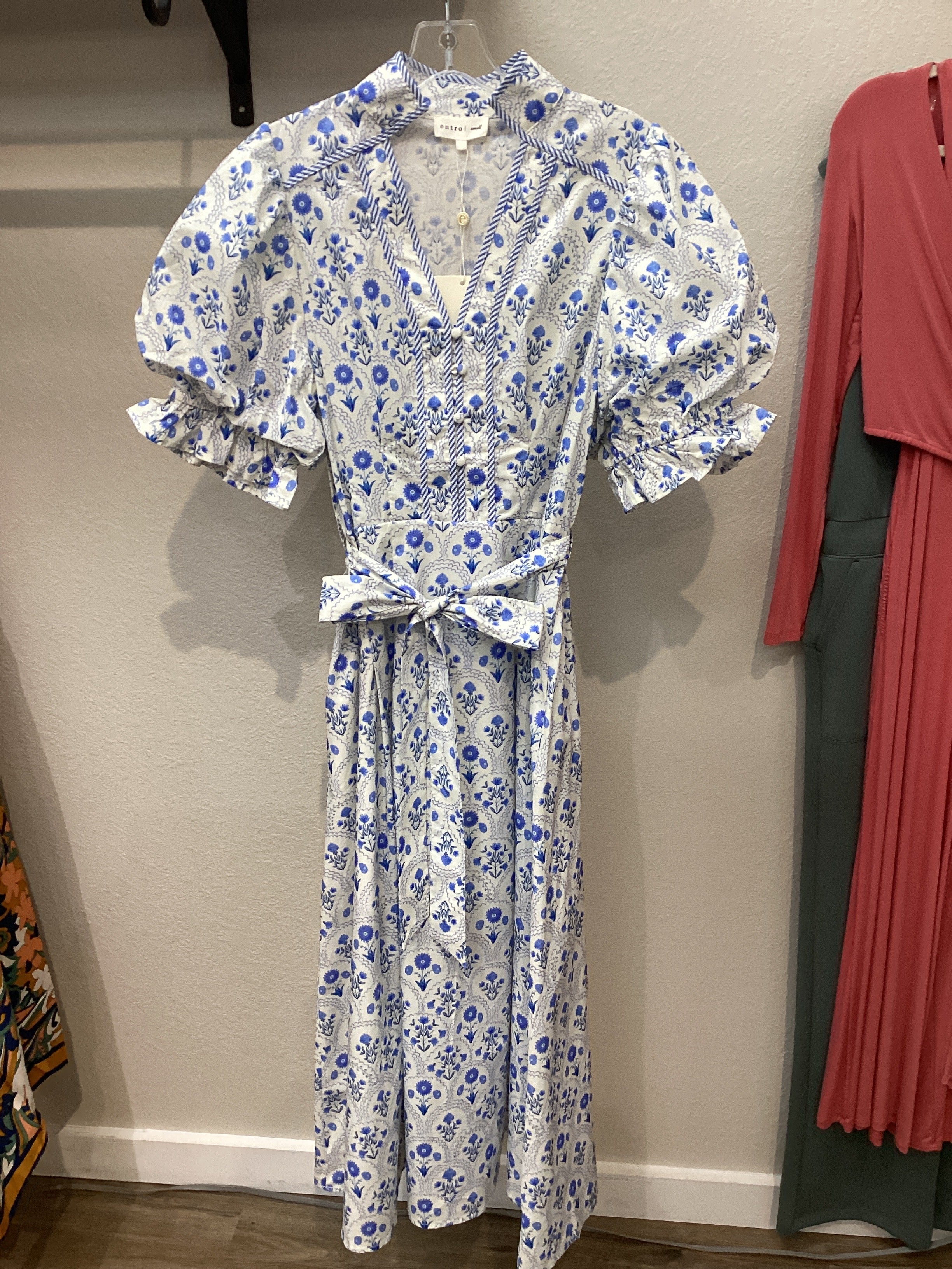 Entro Blue & White Floral Long Dress With Striped Piping Bluff Town District Marketplace Entro Blue & White Floral Long Dress With Striped Piping Bluff Town District Marketplace