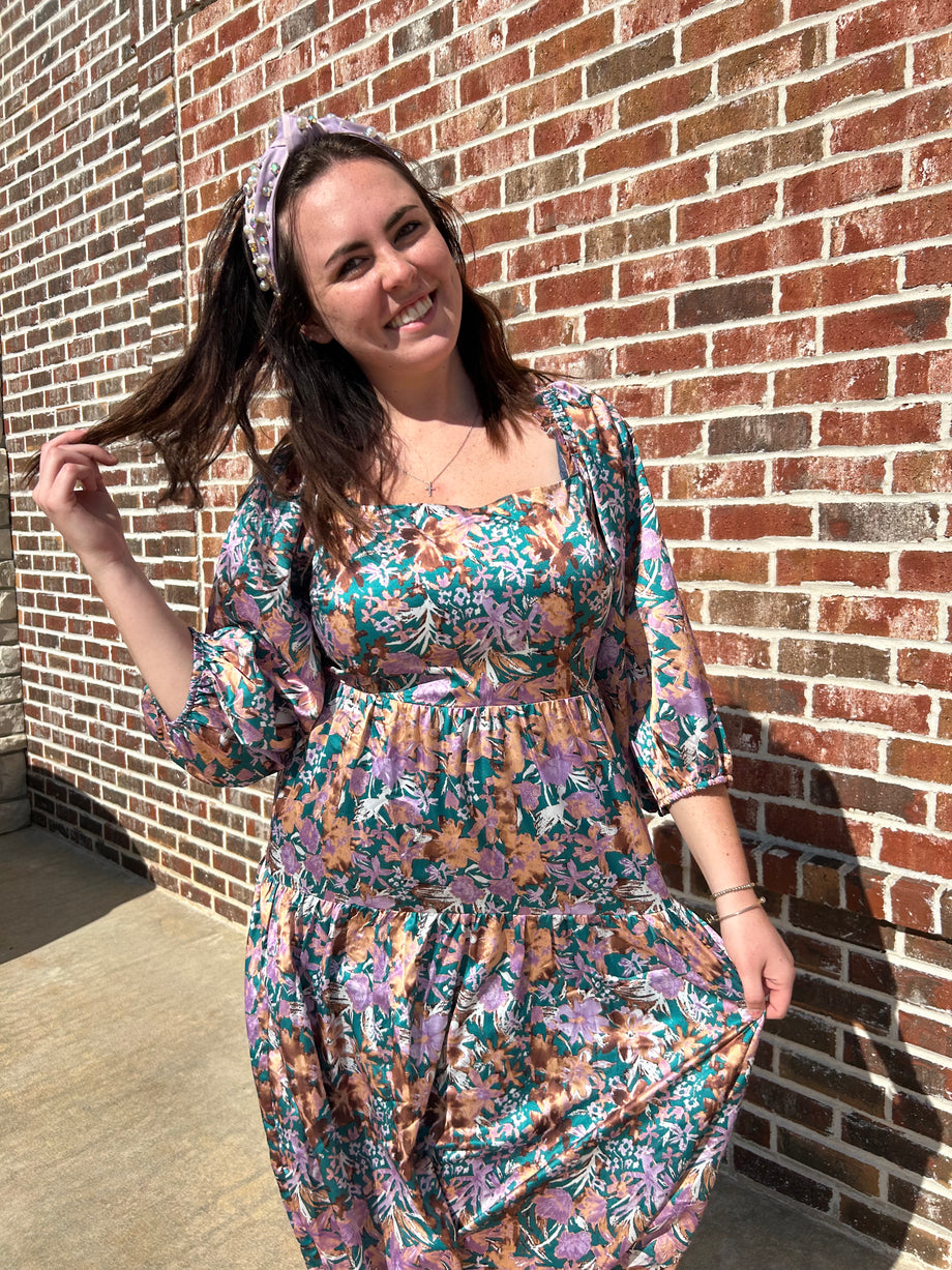 Entro Mid Length Floral Smocked Dress | Green & Lavender Bluff Town District Marketplace Entro Mid Length Floral Smocked Dress | Green & Lavender Bluff Town District Marketplace