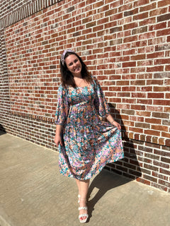 Entro Mid Length Floral Smocked Dress | Green & Lavender Bluff Town District Marketplace Entro Mid Length Floral Smocked Dress | Green & Lavender Bluff Town District Marketplace