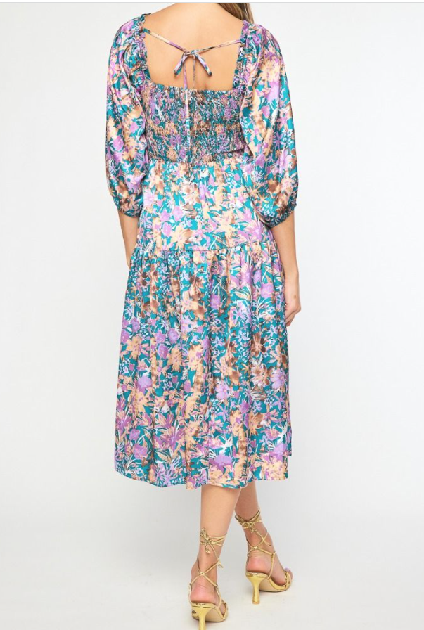 Entro Mid Length Floral Smocked Dress | Green & Lavender Bluff Town District Marketplace Entro Mid Length Floral Smocked Dress | Green & Lavender Bluff Town District Marketplace