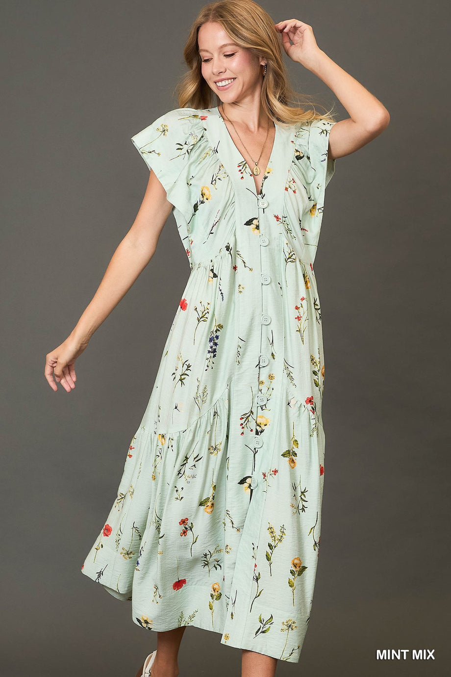 Umgee Button Down Floral Printed Midi Dress | Mint Mix Mint Mix / Large Umgee Button Down Floral Printed Midi Dress | Mint Mix Mint Mix / Large