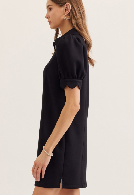 Carmen Puff Sleeve Dress |Collared Zip Front Dress | D30134 Entro Black / M Carmen Puff Sleeve Dress |Collared Zip Front Dress | D30134 Entro Black / M
