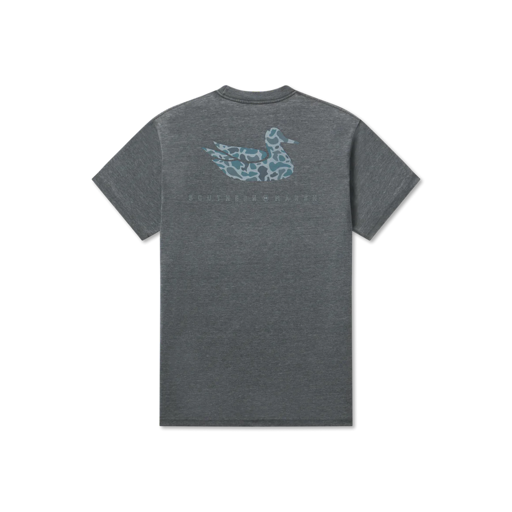 Charcoal short sleeved tee shirt with a blue-ish/gray camo duck on back with Southern Marsh written beneath