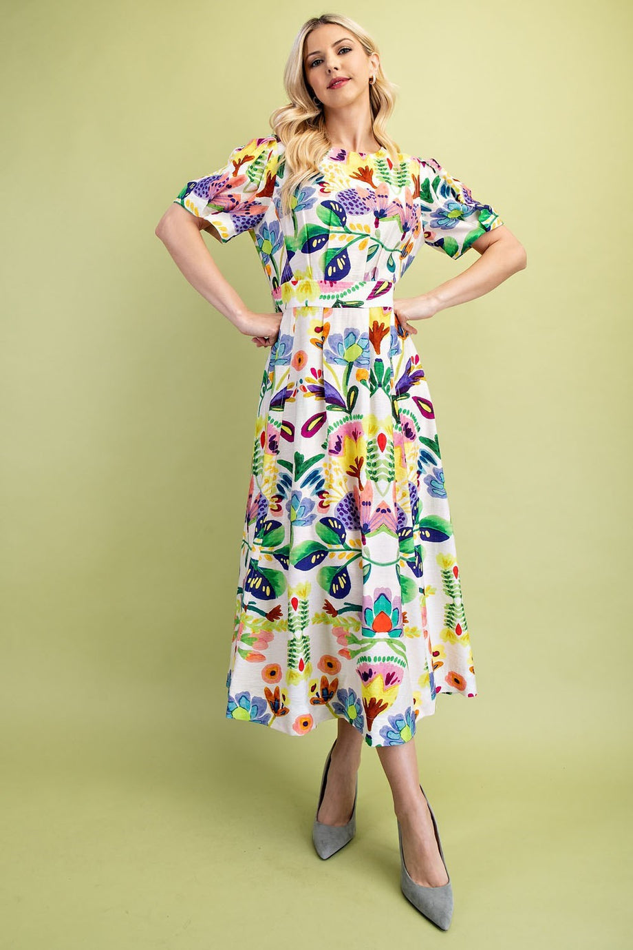GiGio Green Multi Midi Dress With Puff Sleeves Green Multi / Large