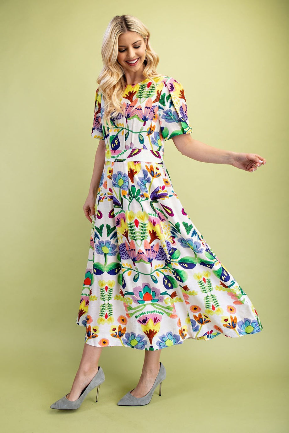 GiGio Green Multi Midi Dress With Puff Sleeves Green Multi / Large GiGio Green Multi Midi Dress With Puff Sleeves Green Multi / Large