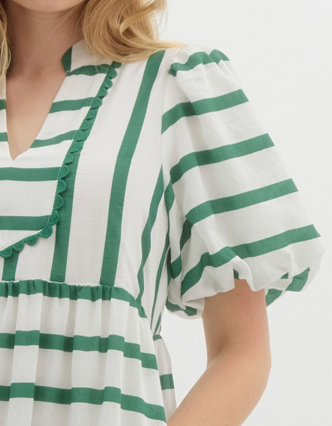 Entro Green and White Striped Bubble Sleeve Dress Bluff Town District Marketplace Entro Green and White Striped Bubble Sleeve Dress Bluff Town District Marketplace