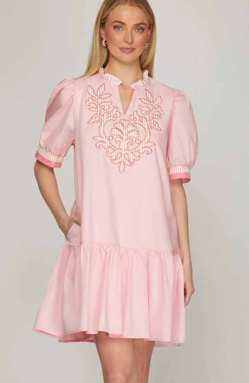 She + Sky Short Sleeve Embroidered Mini Dress Lt. Pink / Large