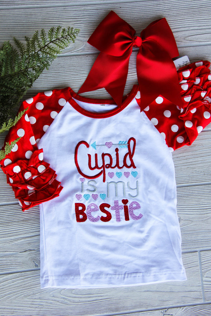 Cupid Is My Bestie Girl's Valentine Raglan Shirt Darling Custom Designs