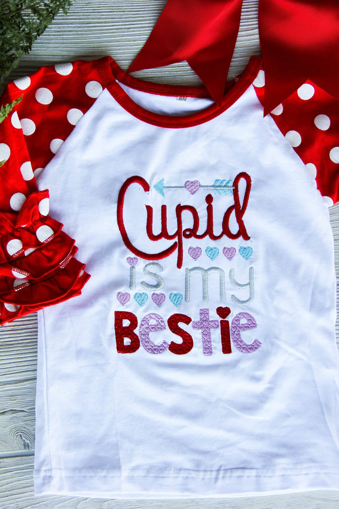 Cupid Is My Bestie Girl's Valentine Raglan Shirt Darling Custom Designs