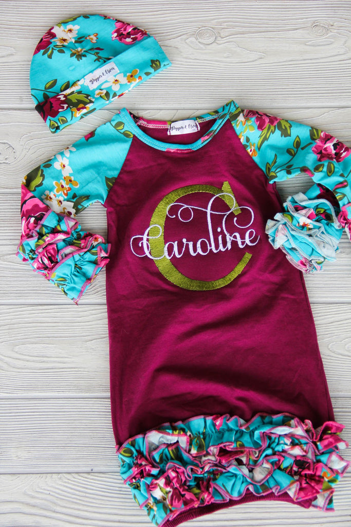 Floral Baby Gown w/ Name & Initial
