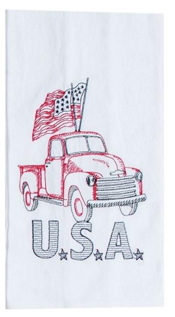 Patriotic USA Flag Truck Cotton Embroidered Flour Sack Kitchen Towel 