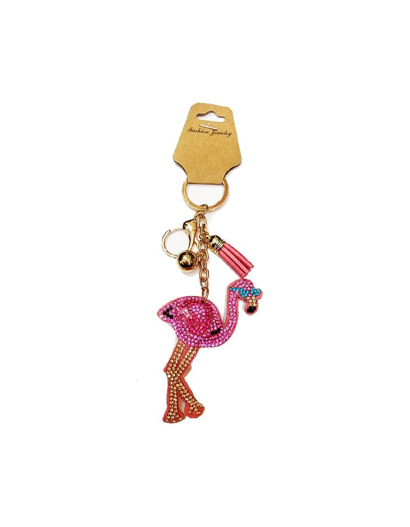 Rhinestone Puff Keychain Cool Flamingo