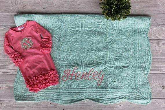 Quilted Baby Blanket and Newborn Gown Embroidered Keepsake Set