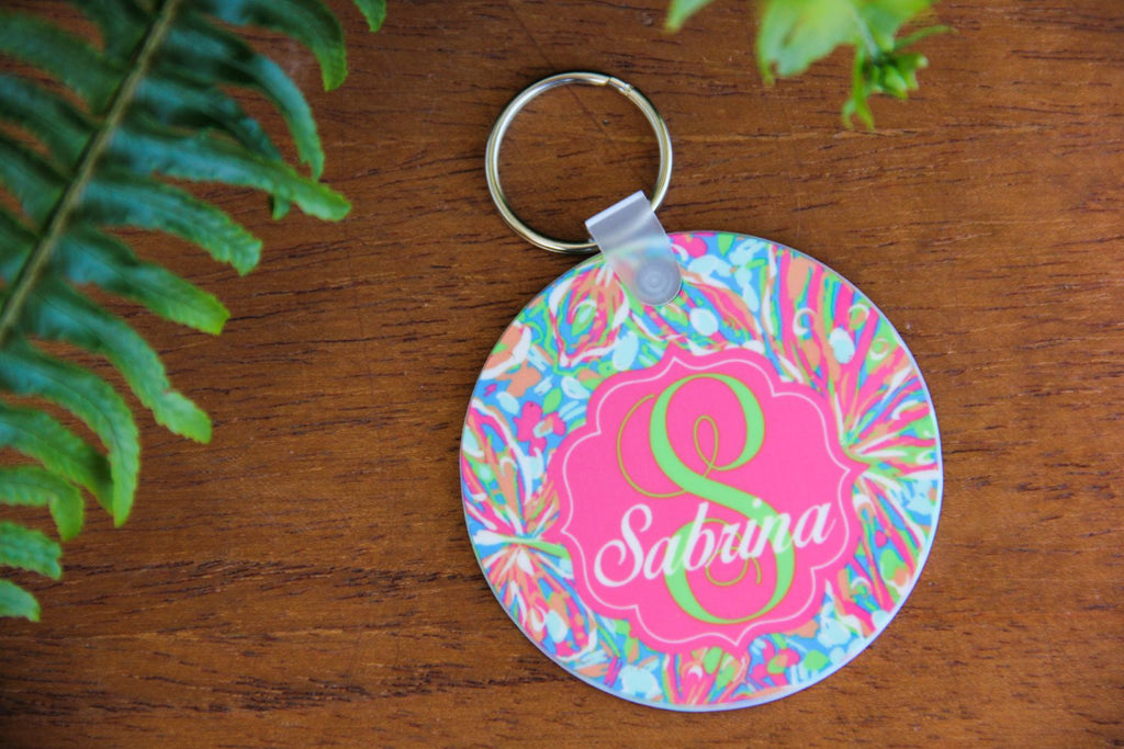 Darling Custom Designs Double-sided Round Personalized Keychain Lilly Pulitzer Inspiration